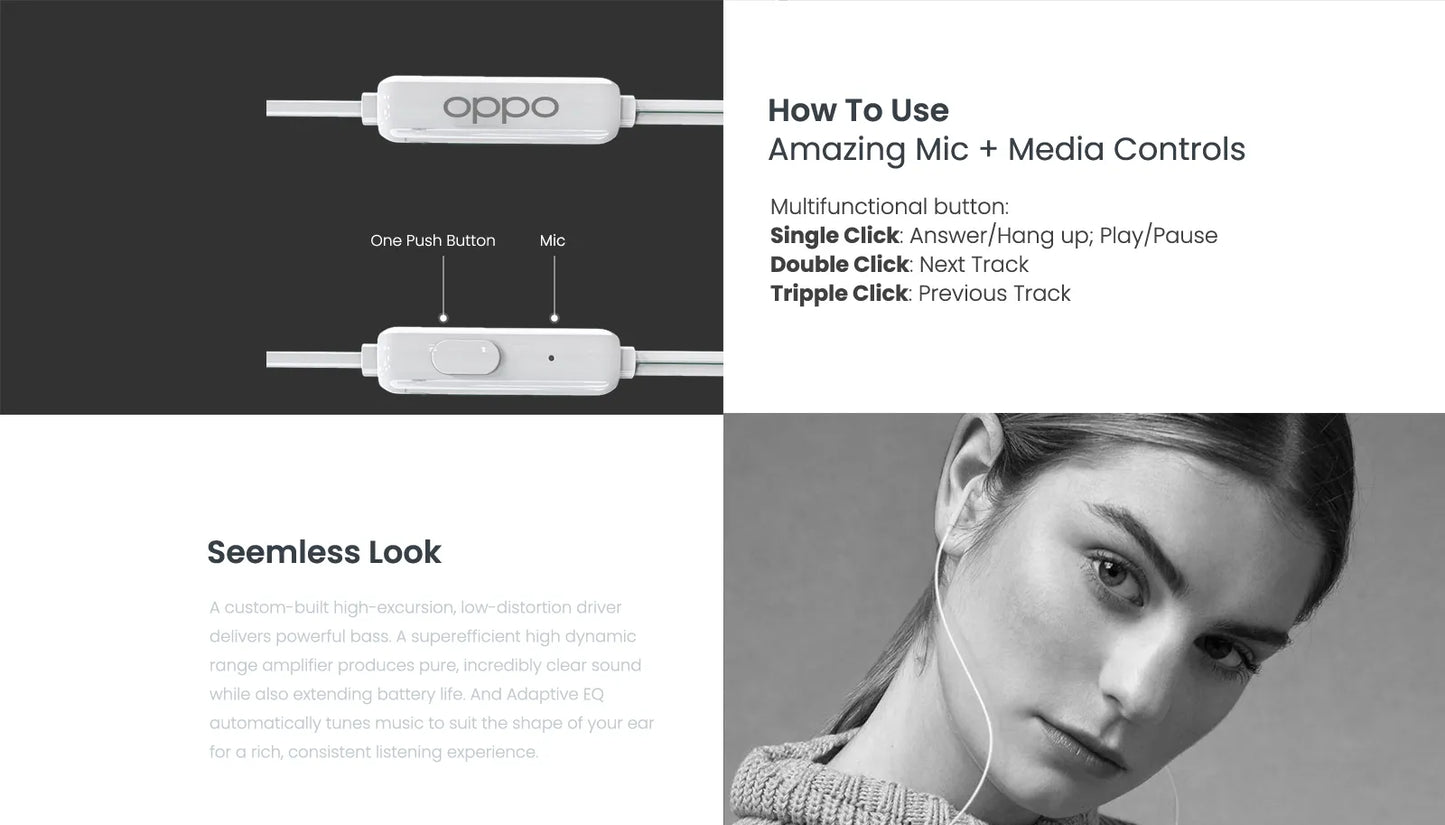 OPPO Original Handsfree Earphones, High Quality Audio for Android and iOS Devices with Mic Support