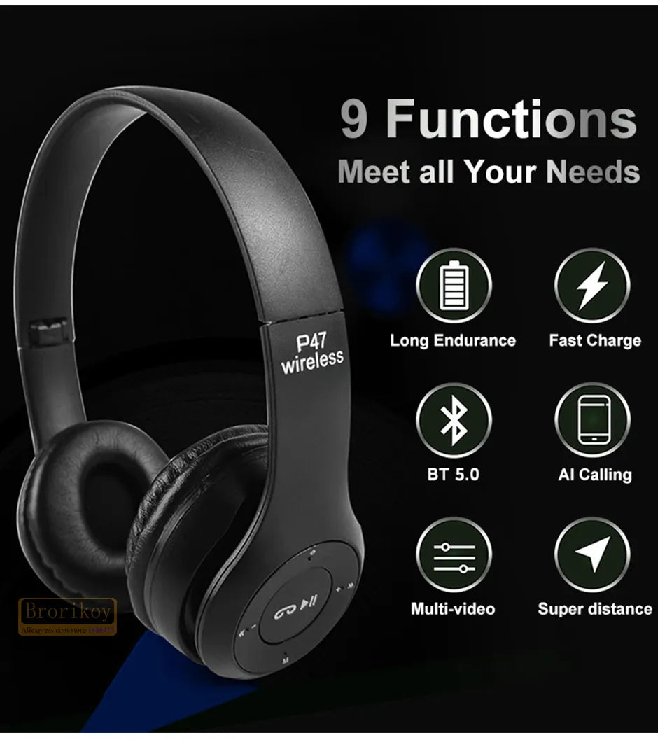 P47 Wireless Headphones Bluetooth Stereo Head phone Foldable Headset with Wireless Built-in Mic compatible for all Android Devices, IOS and PC