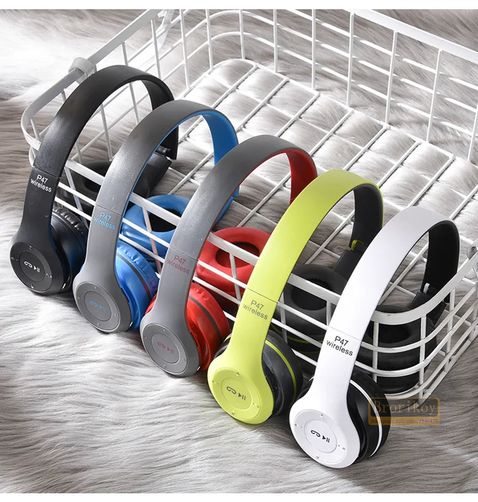 P47 Wireless Bluetooth Headphones with Mic – Stereo Sound, Foldable, Built-in FM & SD Card Slot – Universal Compatibility