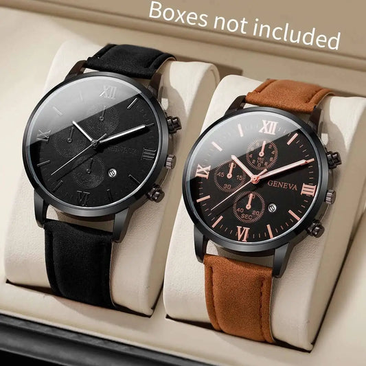 1/2PCS Men Business Watches Fashion Roma Dial Calendar Quartz Watch Leather Band Male's Wristwatches Reloj Hombre（Without Box）