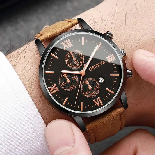 1/2PCS Men Business Watches Fashion Roma Dial Calendar Quartz Watch Leather Band Male's Wristwatches Reloj Hombre（Without Box）