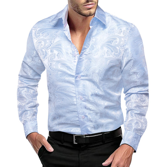 Hi-Tie Sky Blue Paisley Mens Shirts Long Sleeve Dress Formal Causal Shirt Blouse for Male Wedding Gift Party Ofiice Festival